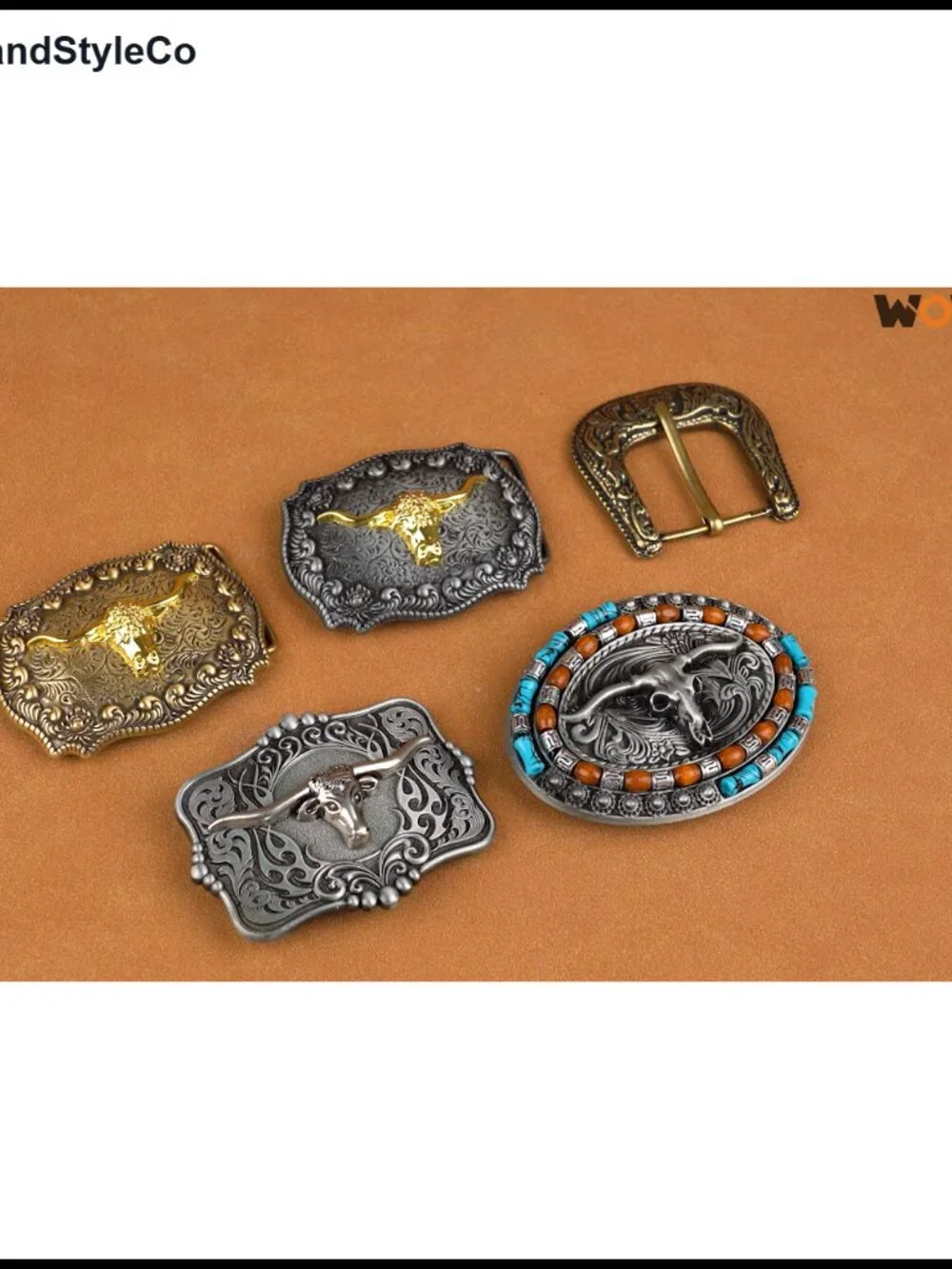2pk PU Leather Western Belts Floral Engraved Longhorn Buckle